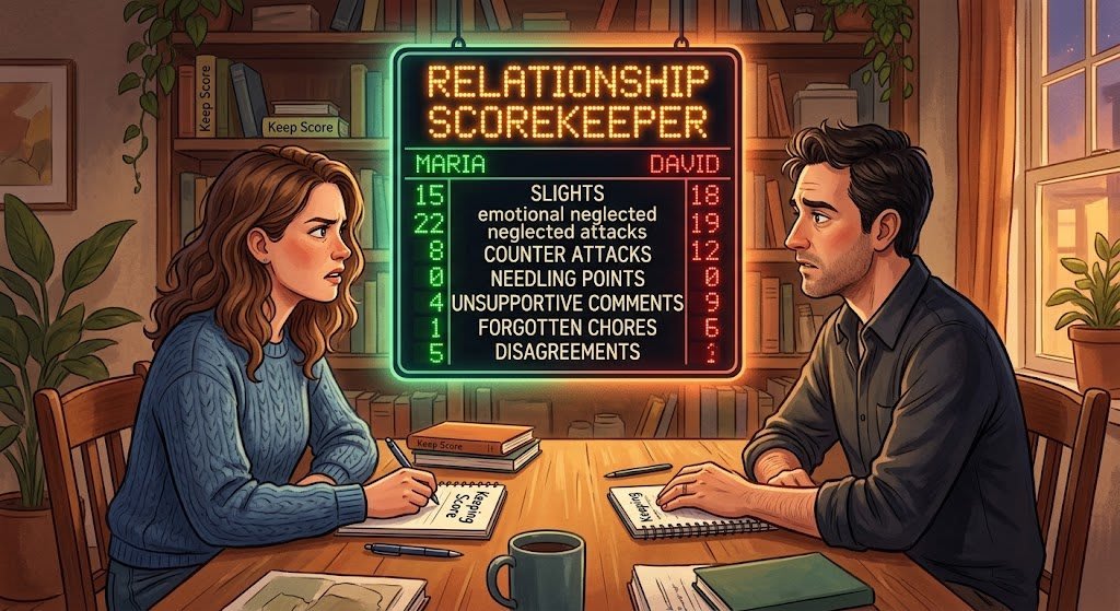 An illustration of a couple sitting across a table with a illuminated scoreboard between them, depicting keeping score in relationships.